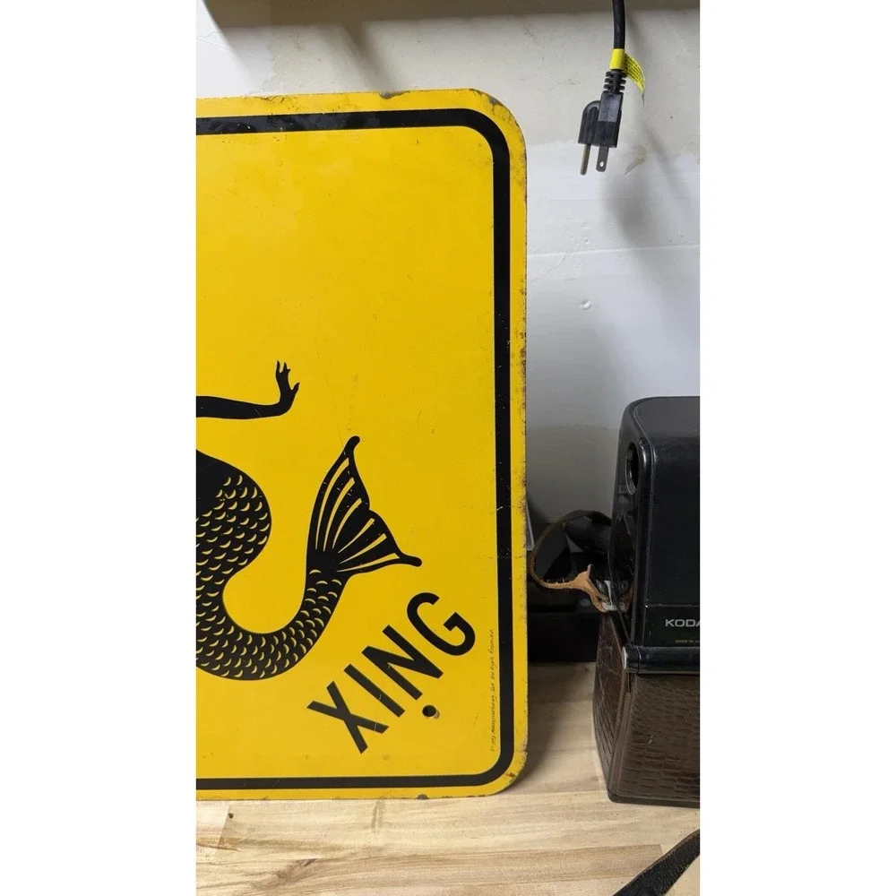 Vintage‎ Mermaid Xing Metal Road Sign Yellow 18x18 1993 Nautical Decor